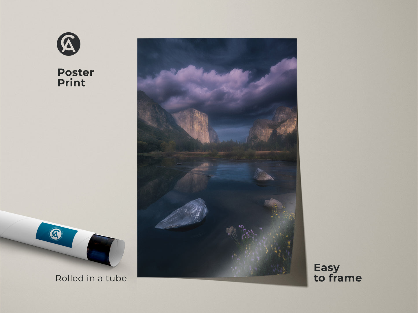 Poster print of El Capitan and Merced River Yosemite art. This dark blue mountain landscape is easy to frame. A photorealistic nature decor rolled in a tube for convenient shipping. Ideal for adding a touch of outdoor adventure to any space with this Yosemite scenic view print.