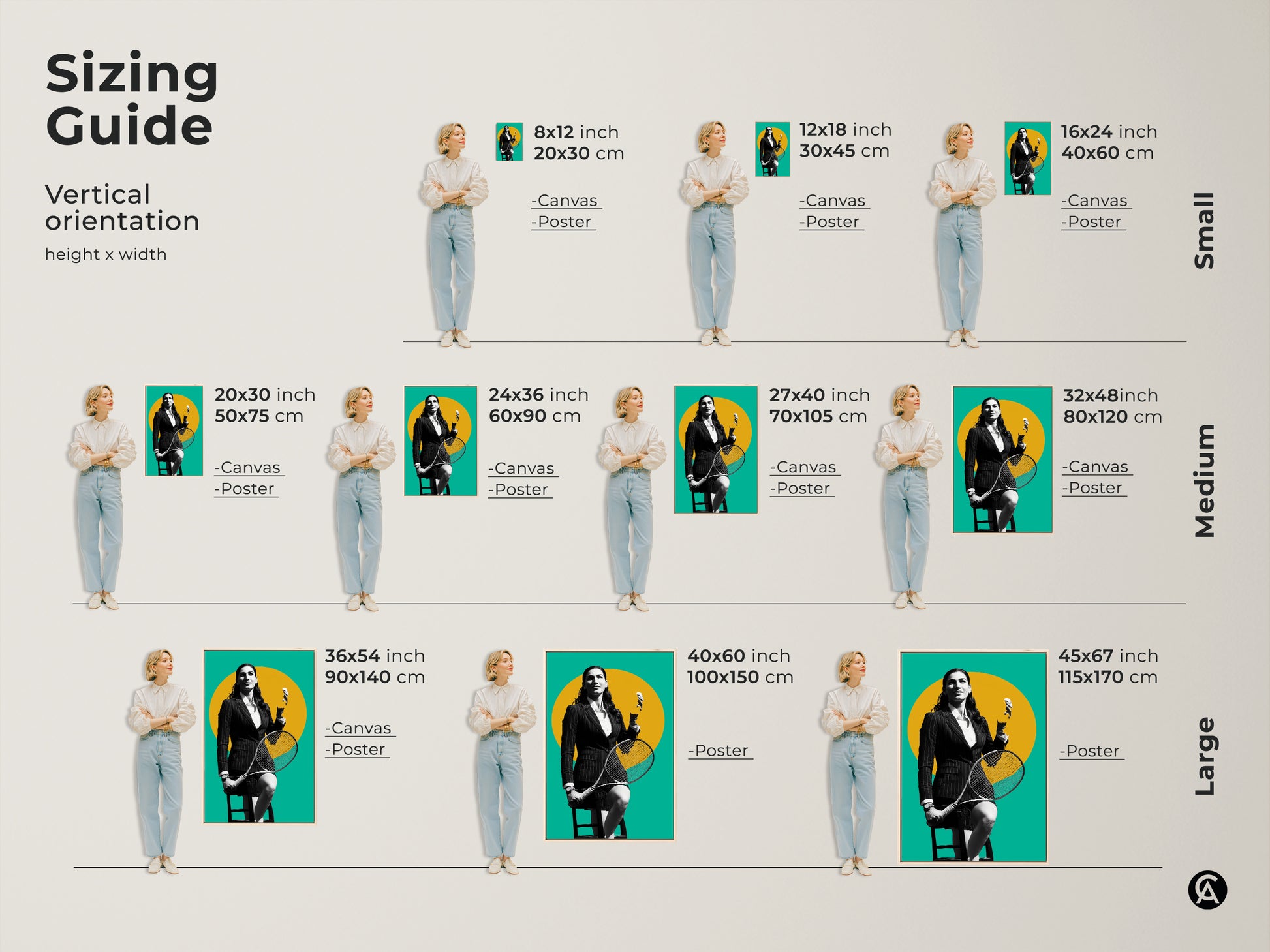 Explore our sizing guide for tennis player artwork. Available in small medium and large vertical orientations. Canvas and poster options are offered. The contemporary yellow teal and black graphic style will suit any room. Choose the perfect size to complement your space. Perfect gift for sports fans.