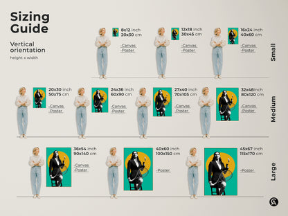 Explore our sizing guide for tennis player artwork. Available in small medium and large vertical orientations. Canvas and poster options are offered. The contemporary yellow teal and black graphic style will suit any room. Choose the perfect size to complement your space. Perfect gift for sports fans.