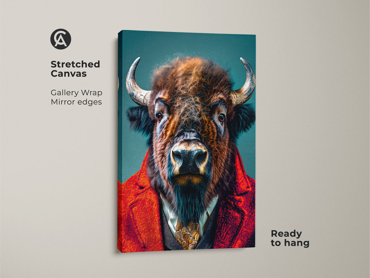 Gallery wrapped stretched canvas featuring a buffalo in a suit. This unique artwork has mirrored edges and comes ready to hang. The canvas showcases the buffalo art in vivid detail. Perfect for animal lovers seeking stylish wall art.