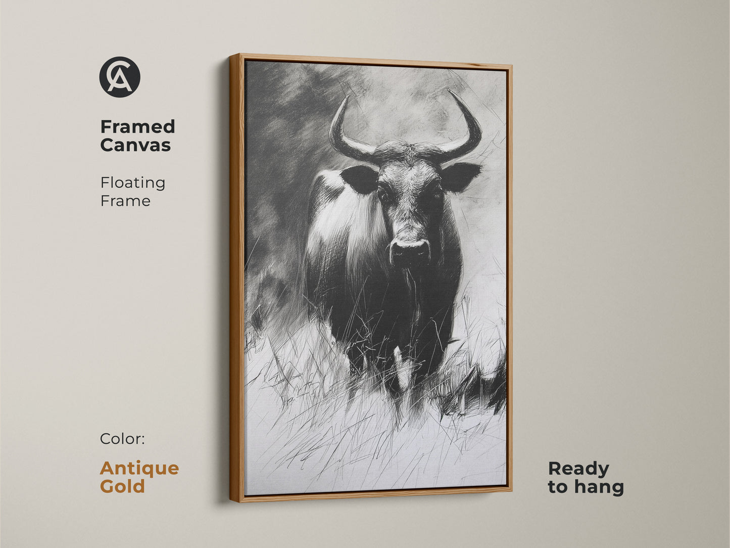 Framed canvas with a floating frame showcasing a buffalo charcoal sketch in antique gold. This ready to hang wildlife artwork enhances rustic decor. It's a monochrome animal print for farmhouse style.