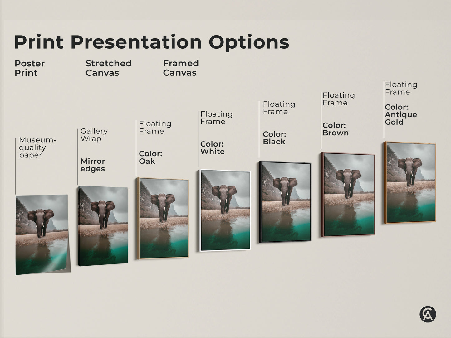 Print presentation options include poster print stretched canvas and framed canvas. The artwork features a photorealistic elephant in a savanna landscape. Choose from gallery wrap mirror edges or floating frames in various colors. Perfect for eclectic home decor and animal lovers. Add natural history charm to any room.