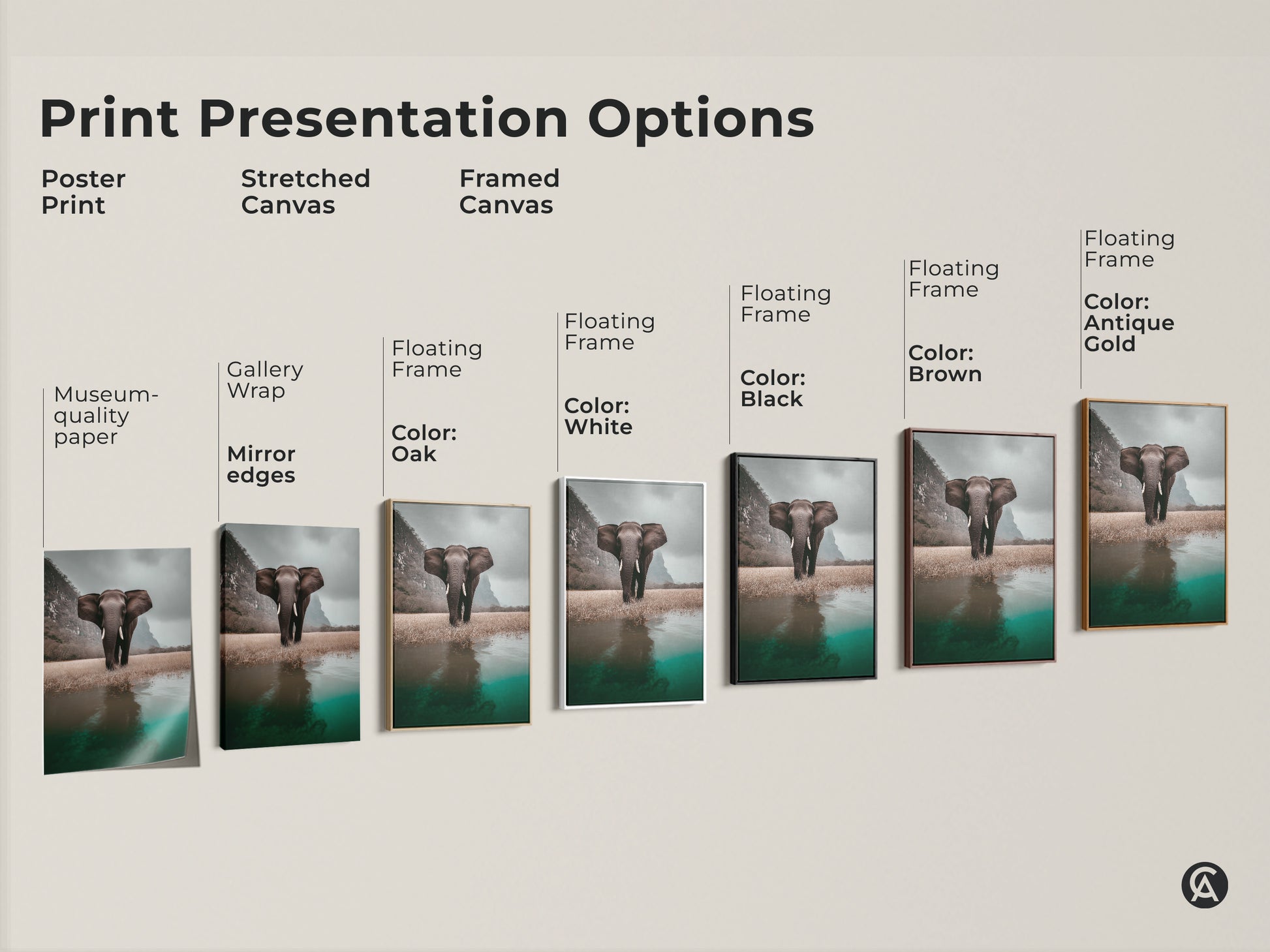 Print presentation options include poster print stretched canvas and framed canvas. The artwork features a photorealistic elephant in a savanna landscape. Choose from gallery wrap mirror edges or floating frames in various colors. Perfect for eclectic home decor and animal lovers. Add natural history charm to any room.