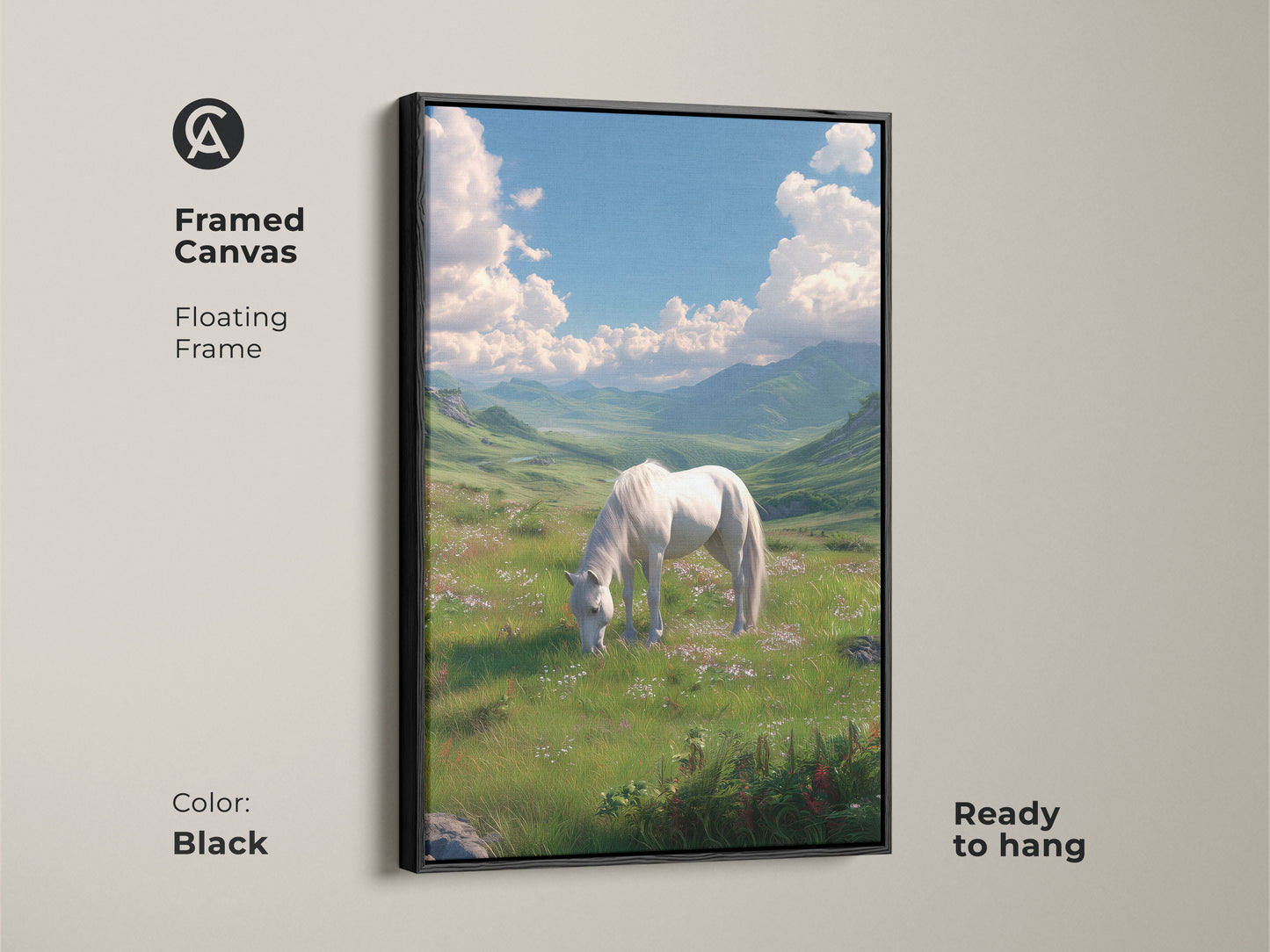 Framed canvas artwork of a white horse grazing in a green field. The floating frame offers a modern and elegant touch. The black frame enhances the artwork. Ready to hang this horse landscape art will add serenity to any room.