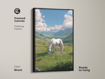 Framed canvas artwork of a white horse grazing in a green field. The floating frame offers a modern and elegant touch. The black frame enhances the artwork. Ready to hang this horse landscape art will add serenity to any room.