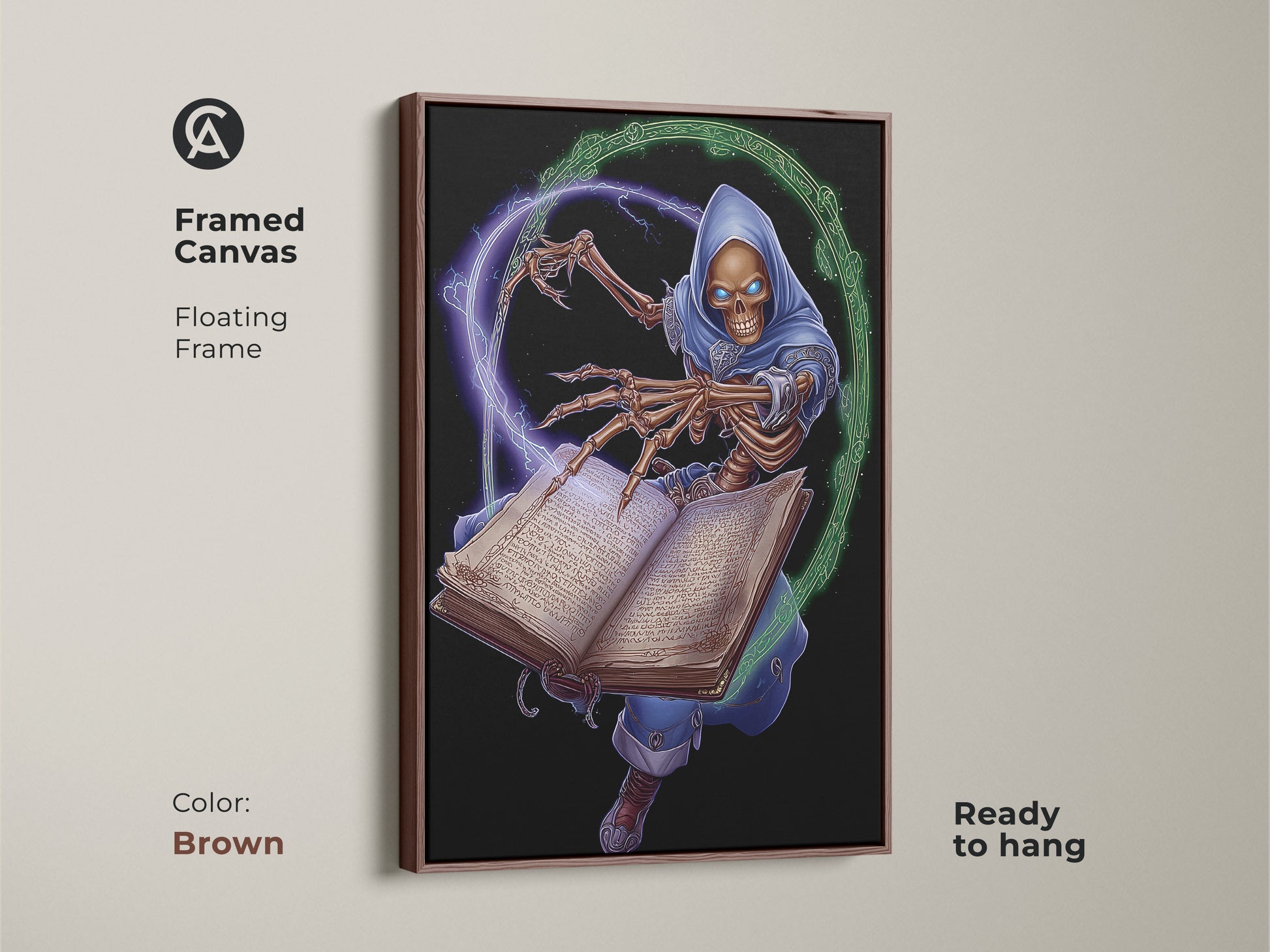 This framed canvas features a hooded skeleton wizard. The dark fantasy art includes a floating frame in brown. This mystical spell art is ready to hang. The wizard spellbook art makes a unique magic themed gift.