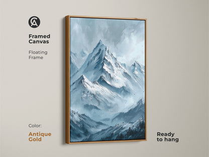 Framed canvas art print of mountains for sale. This floating frame features snow-capped mountains and a blue hue. This framed canvas comes ready to hang in antique gold. Find the perfect piece for your home today
