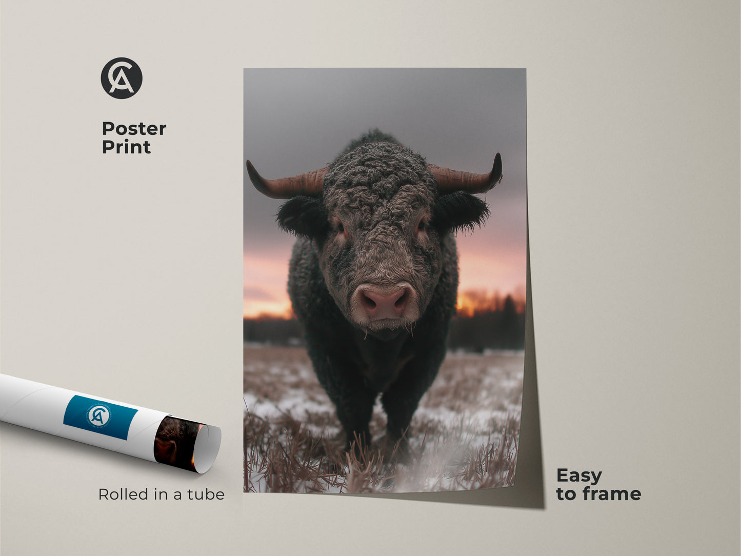 Poster print of a bull in a winter scene. Easy to frame wildlife animal art for any room. Rustic farmhouse wall art perfect for a cozy bedroom. This brown gray pink art makes a thoughtful housewarming gift. Country home decor for animal lovers.