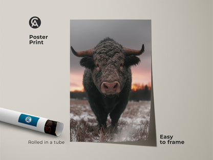 Poster print of a bull in a winter scene. Easy to frame wildlife animal art for any room. Rustic farmhouse wall art perfect for a cozy bedroom. This brown gray pink art makes a thoughtful housewarming gift. Country home decor for animal lovers.