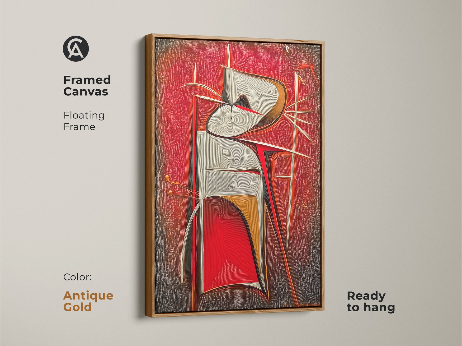Framed canvas of a red grey and white abstract geometric artwork. The floating frame is antique gold and ready to hang. A contemporary art print for modern office decor.