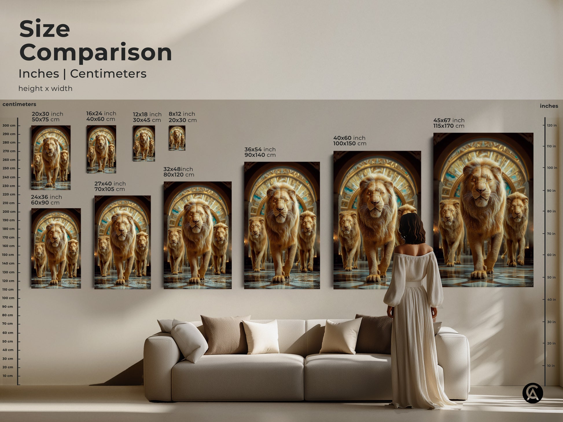Size comparison chart in inches and centimeters. The golden lion artwork comes in various sizes. Showcase the photorealistic animal kingdom decor in your living space. See how the golden yellow lion print complements your decor.