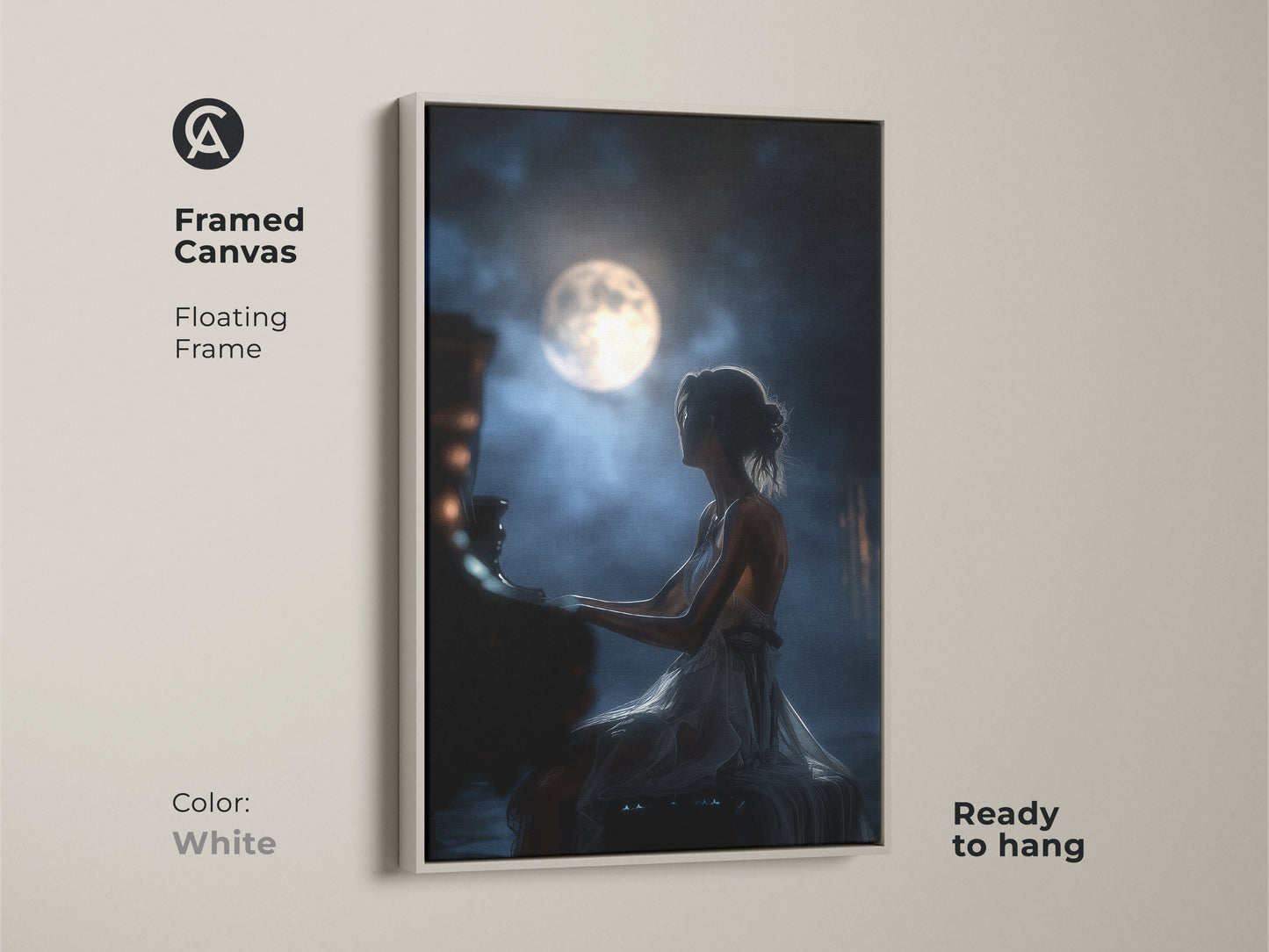 Enhance your decor with this framed canvas featuring a woman playing piano under the moon. The floating frame adds a touch of sophistication. This white framed art is ready to hang and complements any room. Perfect for those seeking romantic music art and elegant night sky art.
