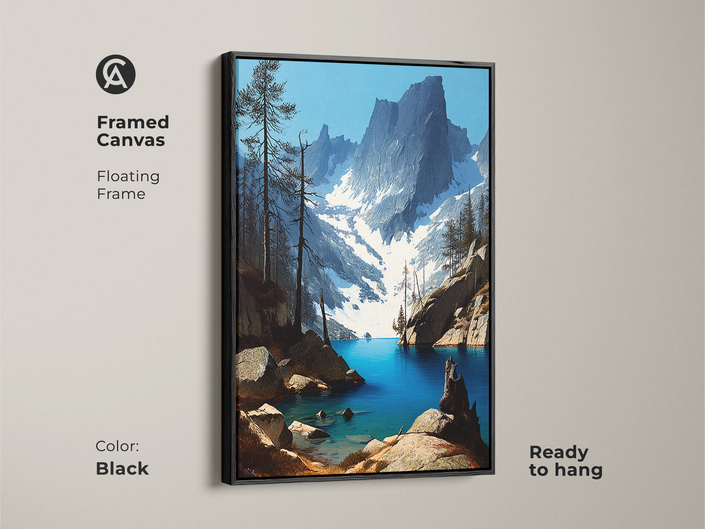 Framed canvas of a rustic mountain lake landscape with a black floating frame. The deep blue pine forest art creates a serene ambiance. This realistic nature artwork is ready to hang bringing the beauty of nature into your home. Perfect for cabin decor.