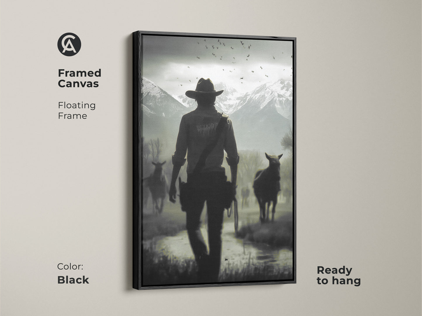 Framed canvas of a cowboy and horses in a monochrome western landscape. The black floating frame enhances the rustic wall art perfect for a study room. Ready to hang this horse and rider wall art adds a cinematic feel. This black and white artwork makes a great gift for him or western ranch decor.
