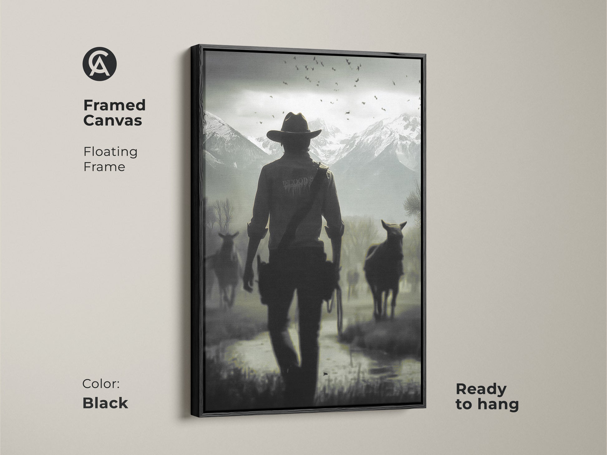 Framed canvas of a cowboy and horses in a monochrome western landscape. The black floating frame enhances the rustic wall art perfect for a study room. Ready to hang this horse and rider wall art adds a cinematic feel. This black and white artwork makes a great gift for him or western ranch decor.