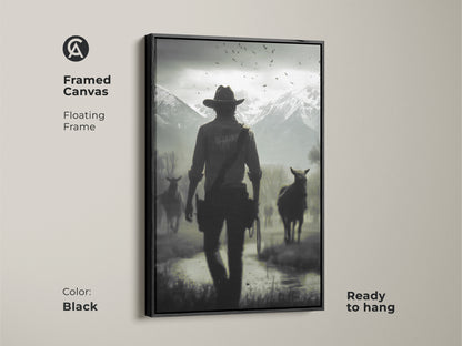 Framed canvas of a cowboy and horses in a monochrome western landscape. The black floating frame enhances the rustic wall art perfect for a study room. Ready to hang this horse and rider wall art adds a cinematic feel. This black and white artwork makes a great gift for him or western ranch decor.
