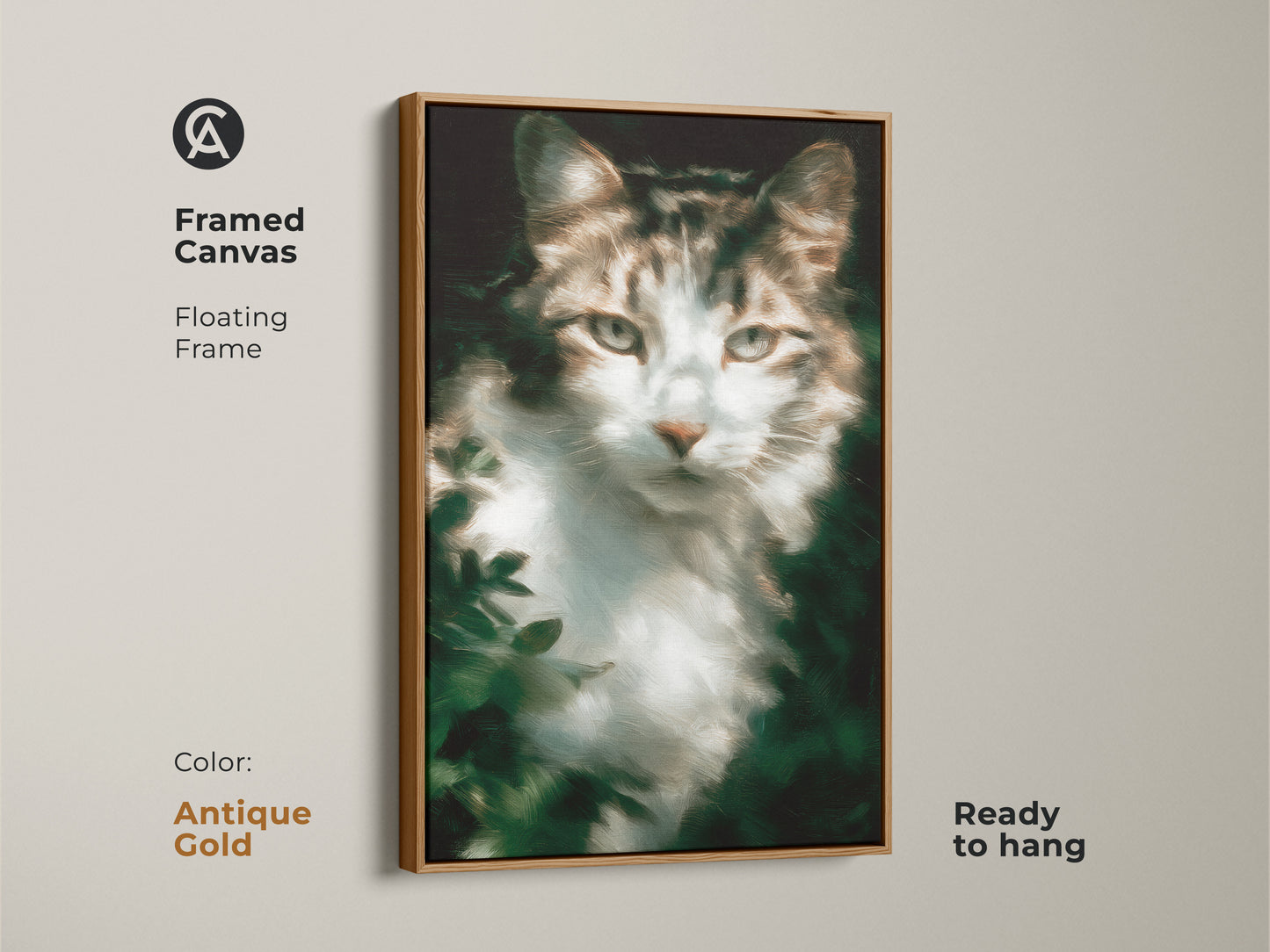 Framed canvas print of a tabby cat artwork with a floating antique gold frame. This ready-to-hang art brings sophistication. The feline art adds a touch of elegance to your home. A great choice for cat art collectors.