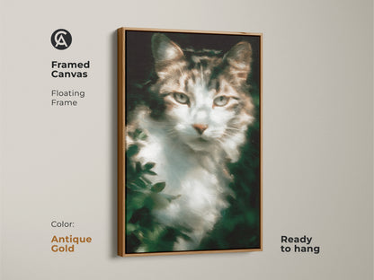 Framed canvas print of a tabby cat artwork with a floating antique gold frame. This ready-to-hang art brings sophistication. The feline art adds a touch of elegance to your home. A great choice for cat art collectors.