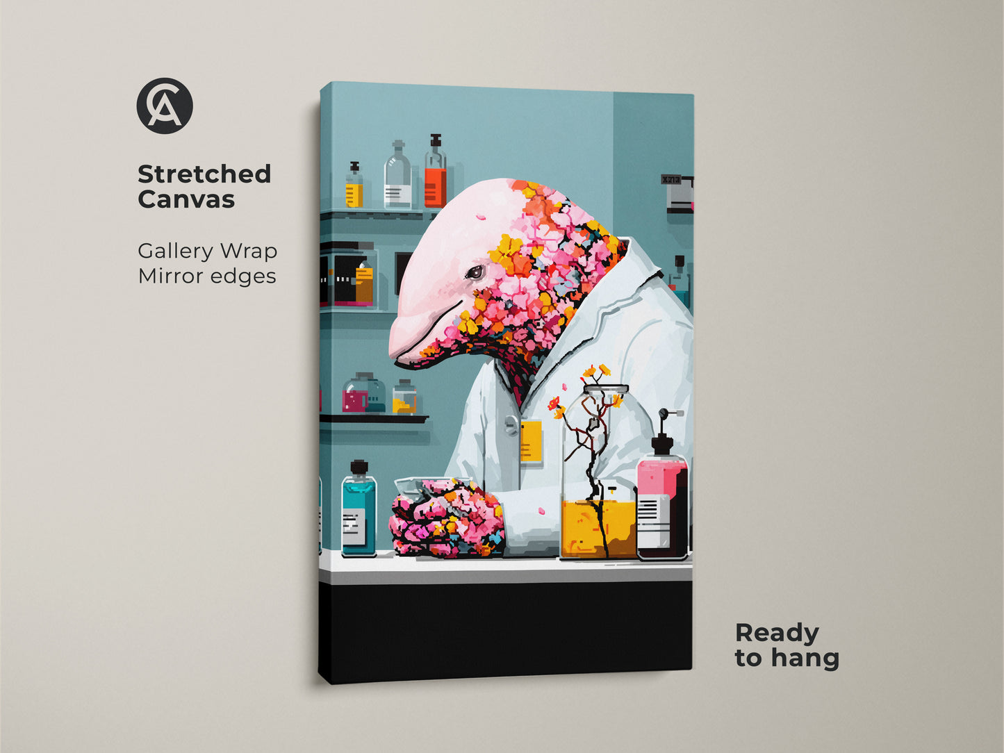 Poster print showcasing surreal dolphin scientist art. This whimsical nature artwork features a dolphin in a lab coat covered in pink flowers. The unique gift for scientist comes rolled in a tube and is easy to frame for a study room animal print