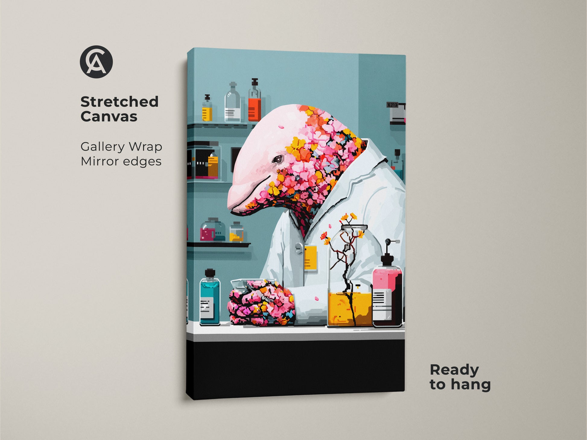 Poster print showcasing surreal dolphin scientist art. This whimsical nature artwork features a dolphin in a lab coat covered in pink flowers. The unique gift for scientist comes rolled in a tube and is easy to frame for a study room animal print