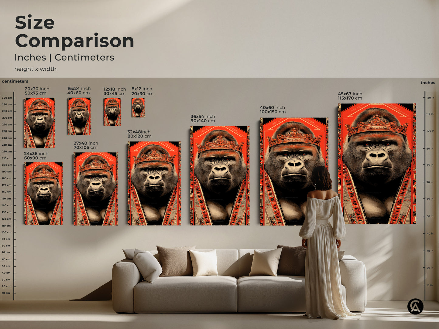 Size comparison showcasing inches and centimeters for the gorilla king art. Various sizes are displayed alongside a couch and a model for reference. This abstract jungle art is perfect for creating a statement wall. Choose the ideal size for your space. It's a bold illustration canvas.