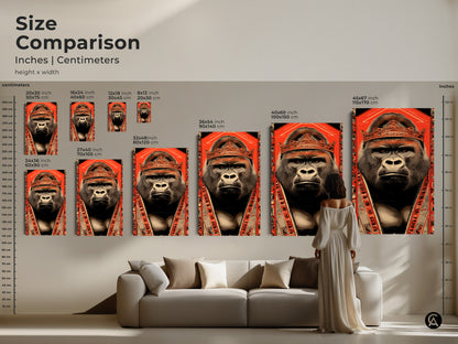 Size comparison showcasing inches and centimeters for the gorilla king art. Various sizes are displayed alongside a couch and a model for reference. This abstract jungle art is perfect for creating a statement wall. Choose the ideal size for your space. It's a bold illustration canvas.