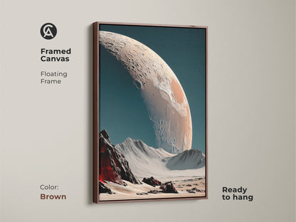 Framed canvas art displaying a cratered planet and deep space. This lunar white canvas comes in a brown floating frame. The framed artwork is ready to hang and easy to display. It brings a modern aesthetic to any room. Perfect for sci-fi enthusiasts.