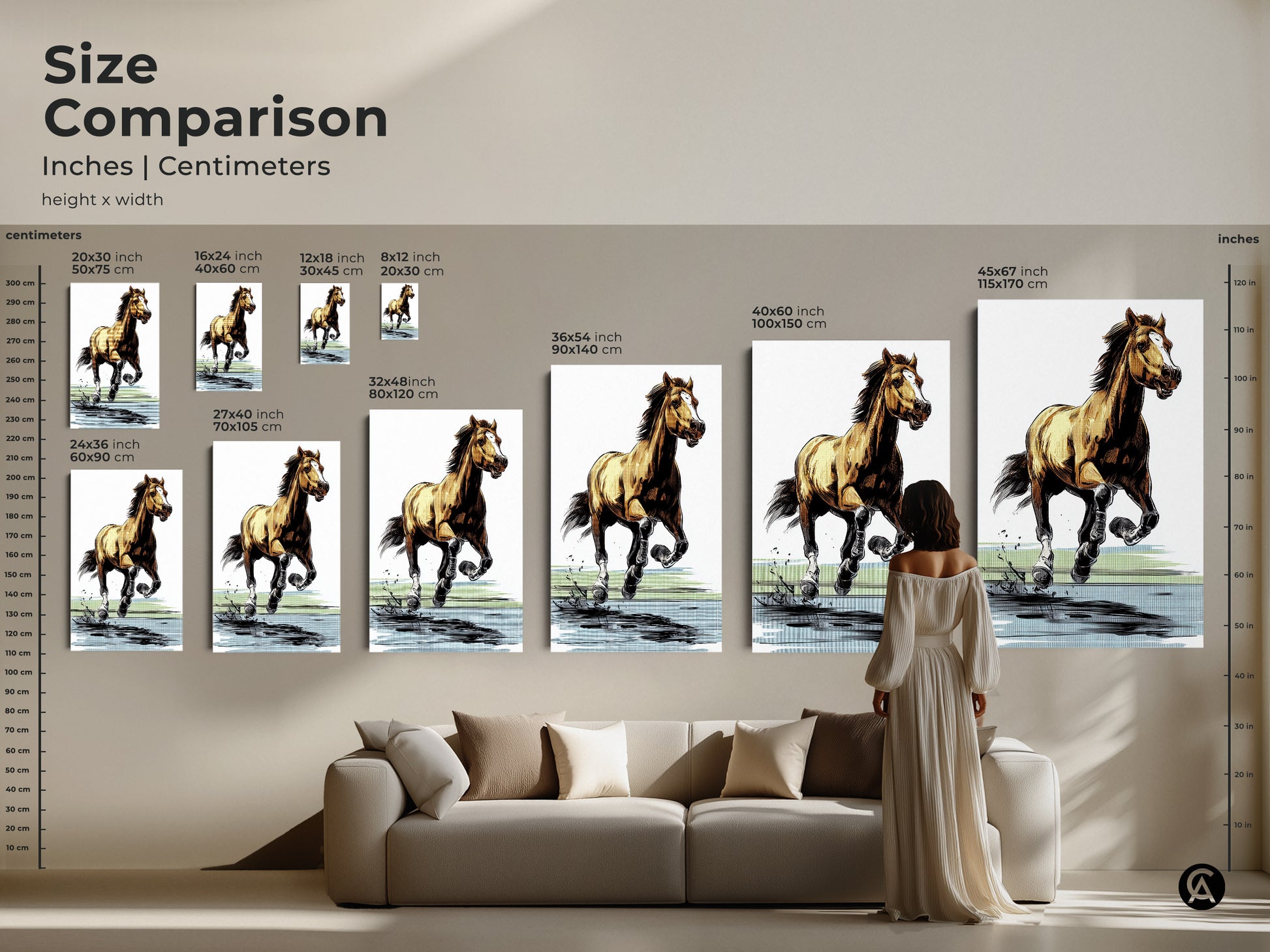 Size comparison for the graphic horse art print in inches and centimeters. See the galloping horse artwork in various dimensions. Visualize how each size fits above a sofa. Select the perfect scale for your equestrian canvas wall art to enhance your home decor. Buy now
