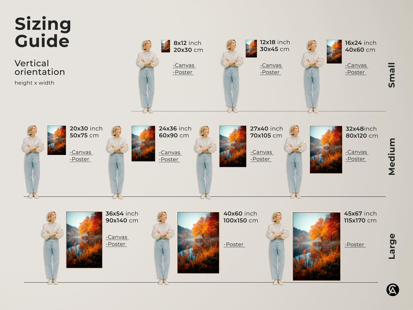 Sizing guide for autumn lake artwork. Vertical orientation height x width. See sizes for canvas and poster prints. Find the perfect fit for your space. Many sizes to choose from. Shop now.