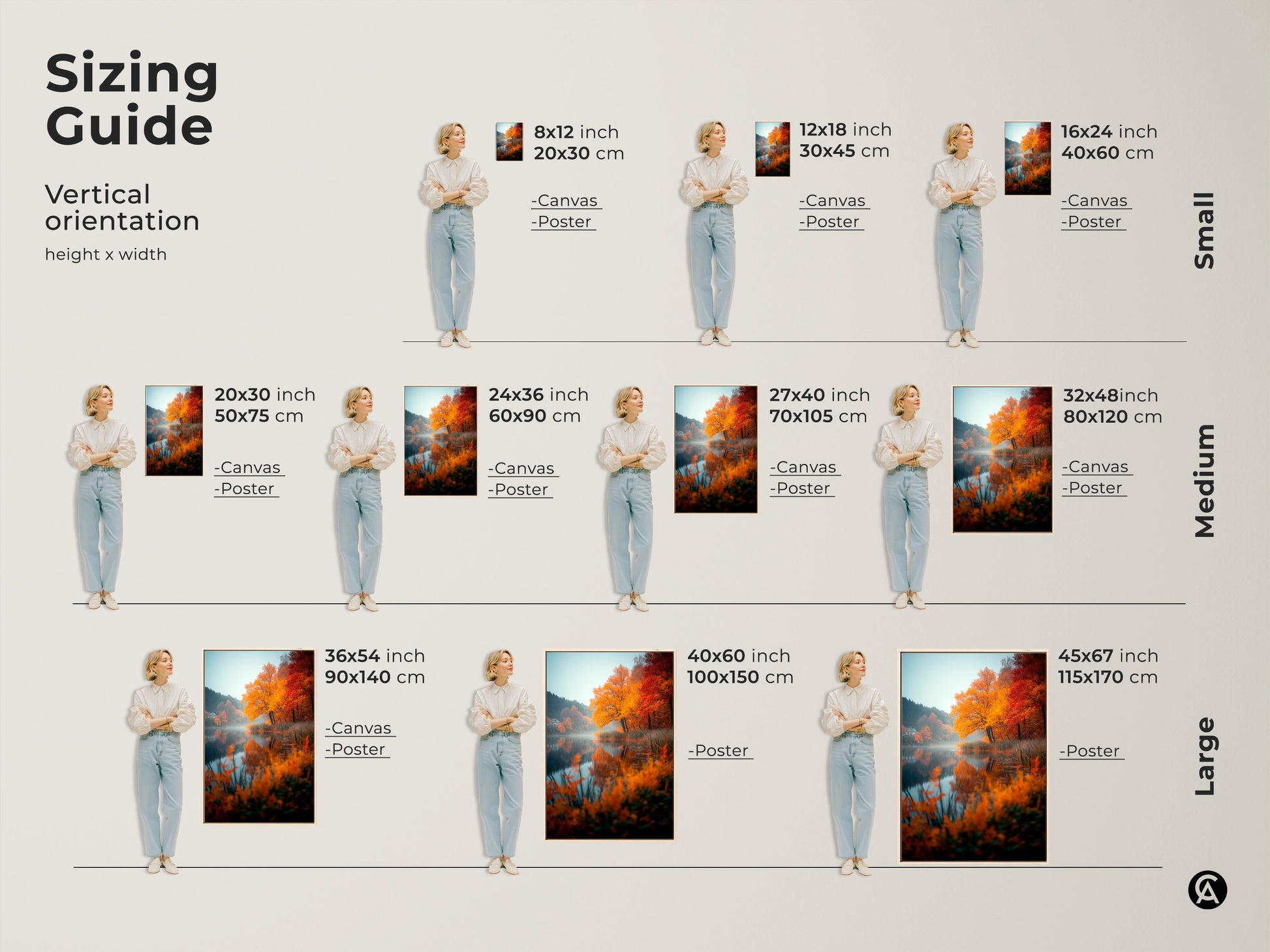 Sizing guide for autumn lake artwork. Vertical orientation height x width. See sizes for canvas and poster prints. Find the perfect fit for your space. Many sizes to choose from. Shop now.