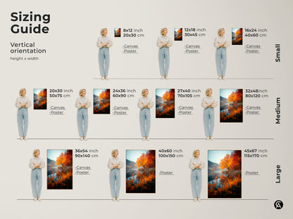 Sizing guide for autumn lake artwork. Vertical orientation height x width. See sizes for canvas and poster prints. Find the perfect fit for your space. Many sizes to choose from. Shop now.