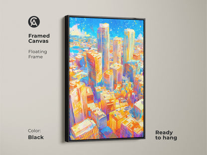 Framed canvas with a floating frame in black color. This vibrant cityscape artwork is ready to hang. The modern urban art piece brings life to any wall. The floating frame enhances the painting's visual appeal.