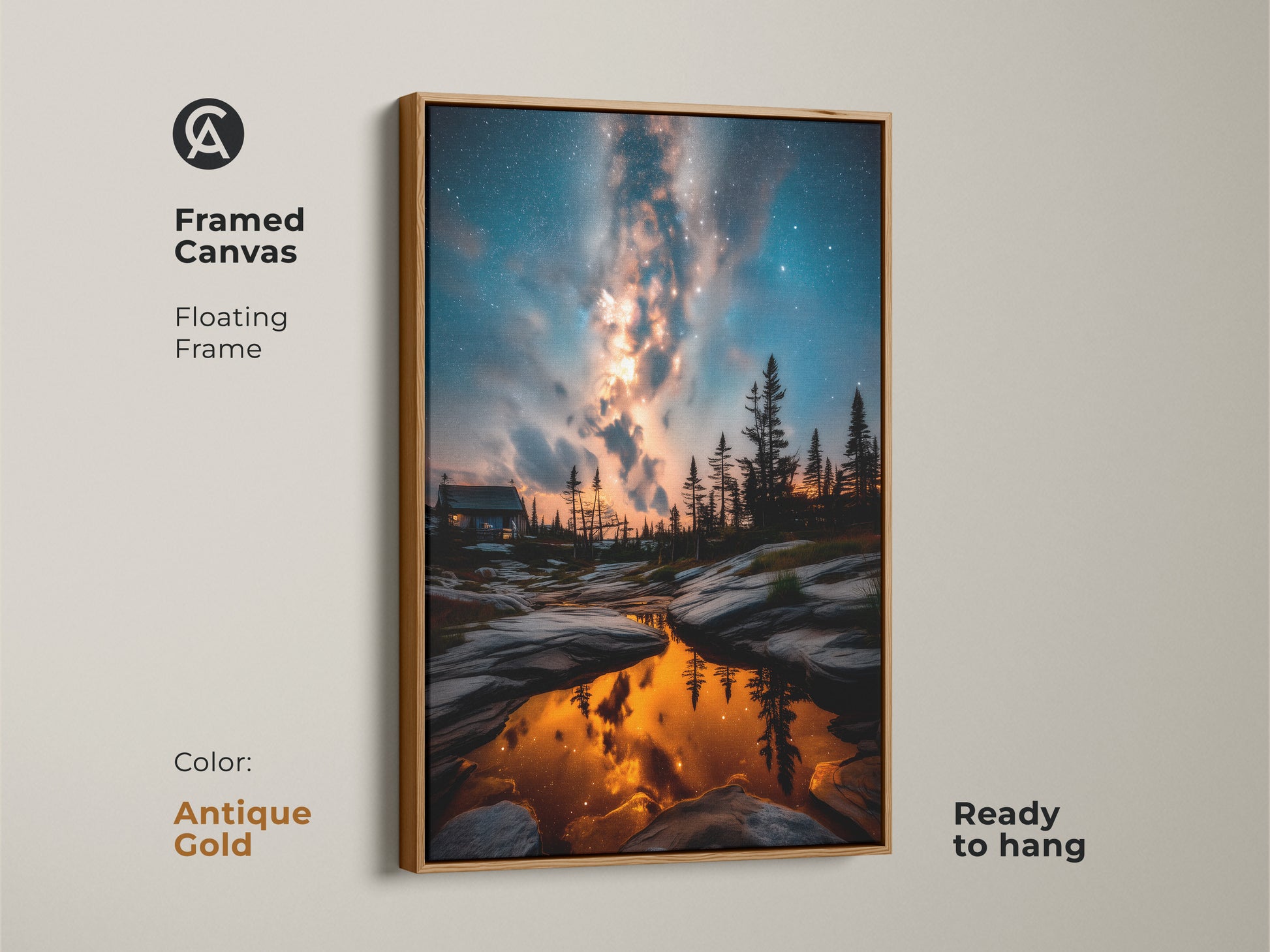 Framed canvas artwork capturing a Milky Way night sky with an antique gold floating frame. The orange yellow and blue colors enhance this astronomy lovers gift. This space landscape painting is ready to hang.