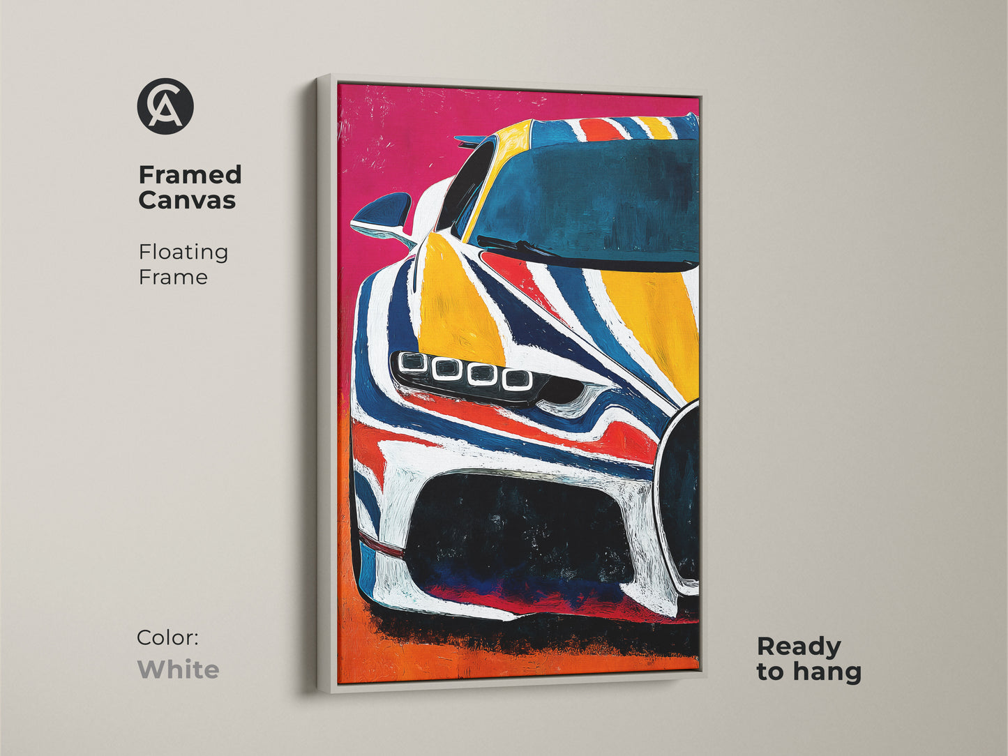 Framed canvas featuring abstract supercar art. This modern automotive artwork uses yellow blue and red colors. A floating frame in white makes it ready to hang. Enhance garage or office decor with automotive passion.