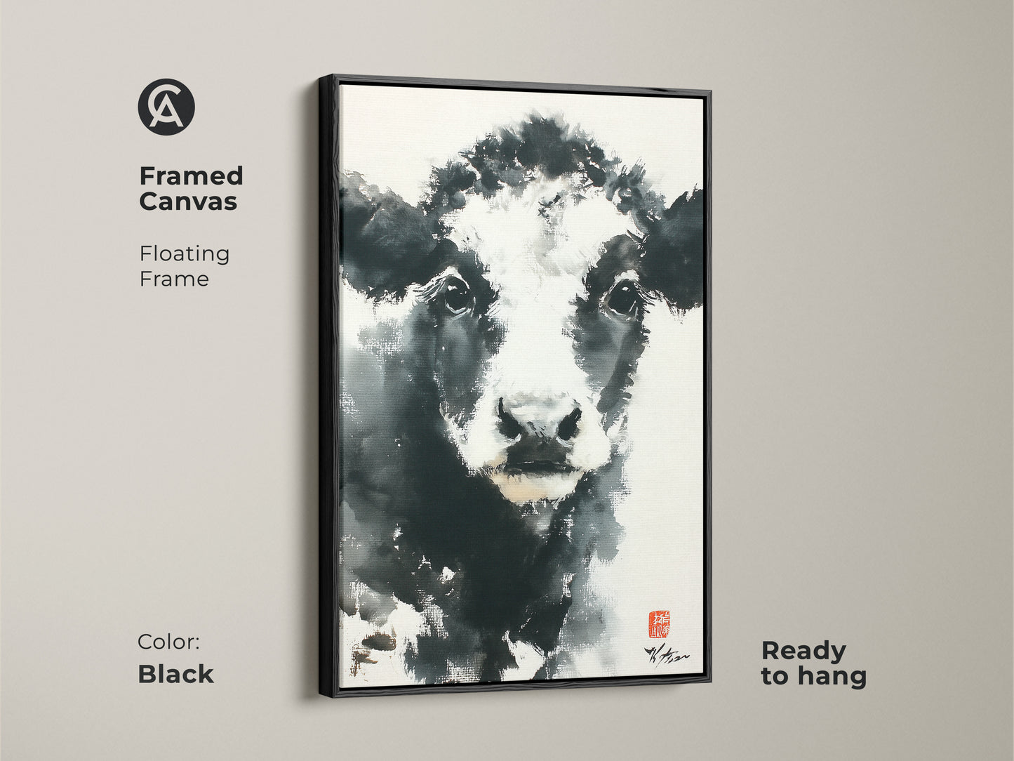 This framed canvas showcases black and white cow art. The floating frame accentuates the artwork. The black frame adds a sleek touch. Ready to hang and enjoy. Purchase this elegant piece for a sophisticated look.