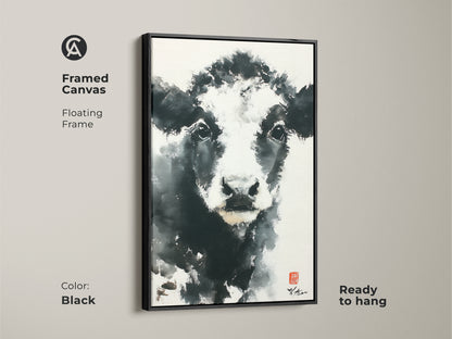 This framed canvas showcases black and white cow art. The floating frame accentuates the artwork. The black frame adds a sleek touch. Ready to hang and enjoy. Purchase this elegant piece for a sophisticated look.