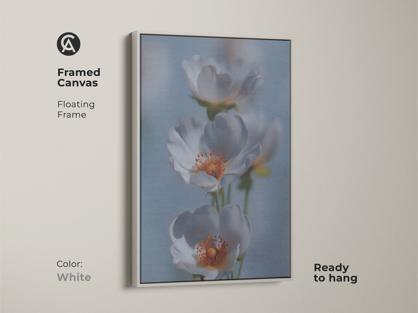 Framed canvas print of delicate white flower artwork. This soft focus botanical art is in a white floating frame. The light blue floral canvas complements minimalist decor. This gentle flower art print adds a calming touch. It makes a wonderful housewarming gift for new homeowners.