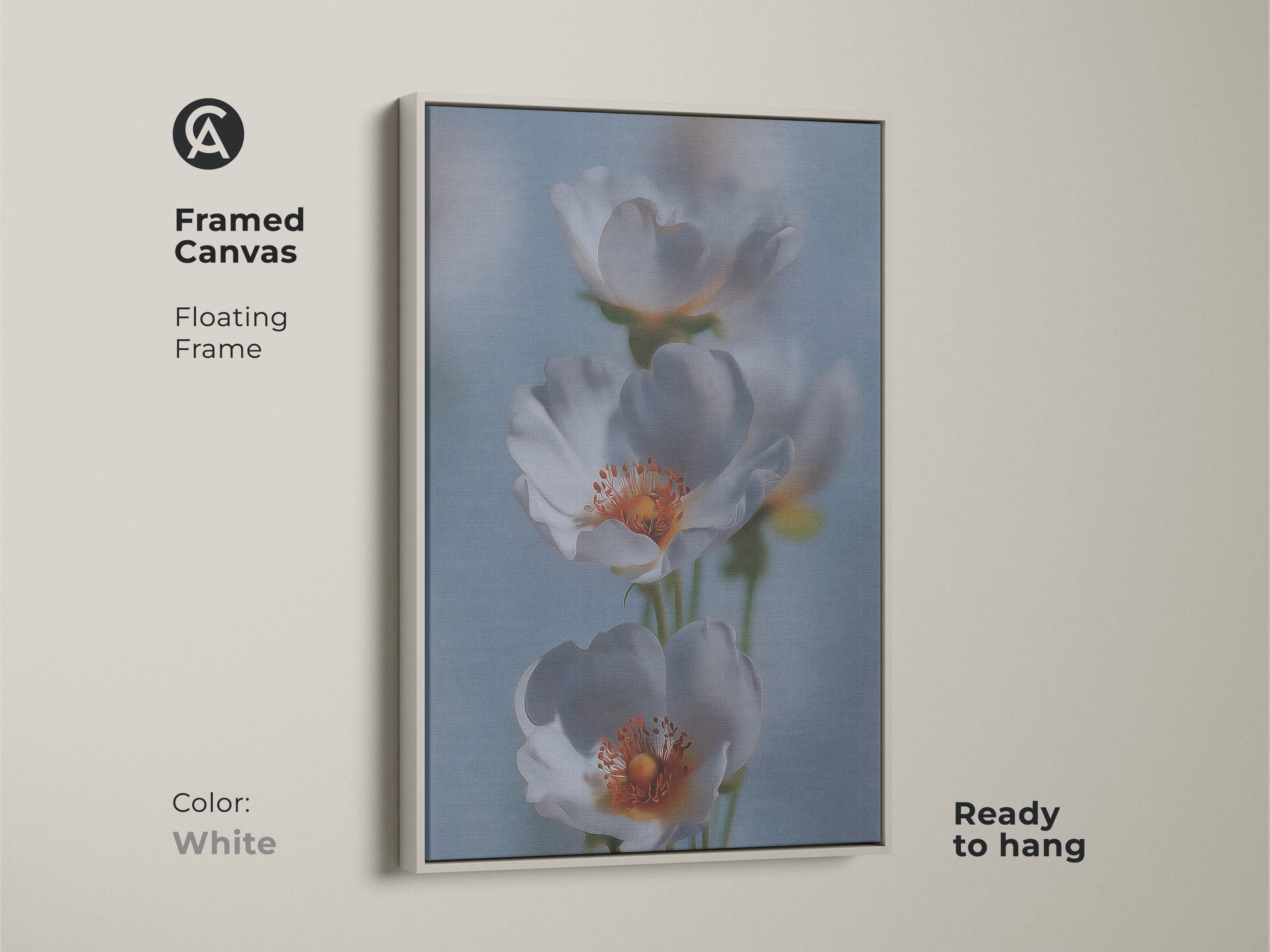 Framed canvas print of delicate white flower artwork. This soft focus botanical art is in a white floating frame. The light blue floral canvas complements minimalist decor. This gentle flower art print adds a calming touch. It makes a wonderful housewarming gift for new homeowners.