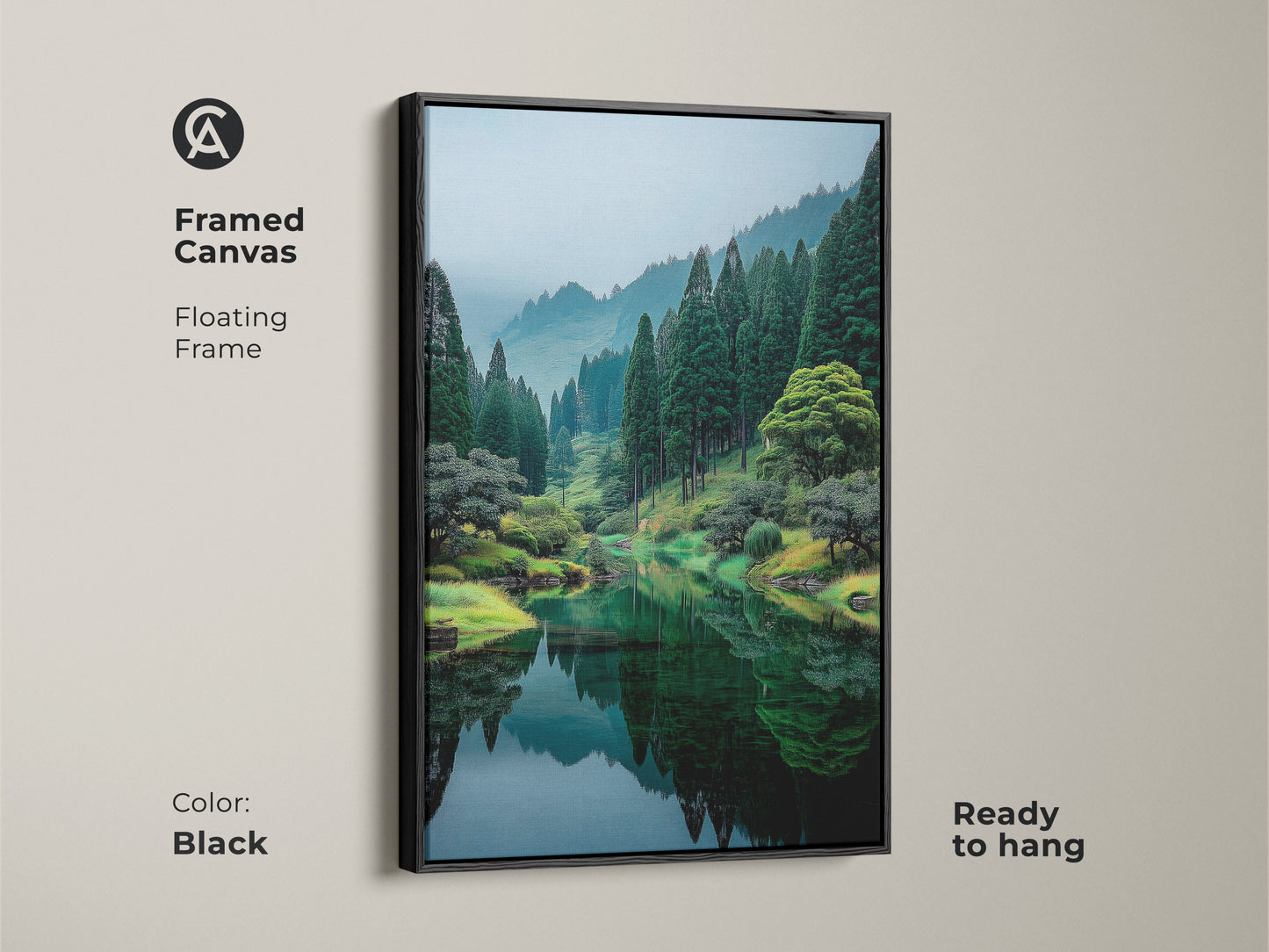 Framed canvas art with a floating frame in black. The artwork shows a reflective lake surrounded by green trees. This ready to hang piece adds sophistication to any room. Shop today.