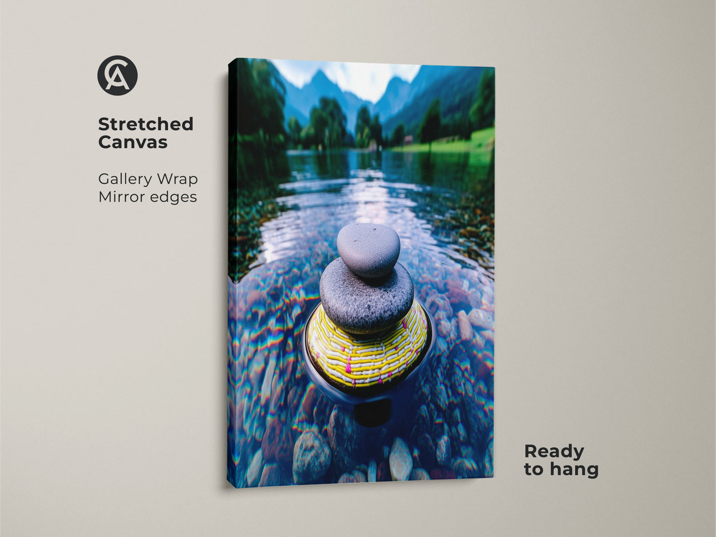 This stretched canvas showcases a Zen stone cairn. The river landscape wall art has gallery wrap mirror edges and is ready to hang. It is a minimalist nature canvas and a meditation and mindfulness gift. This blue green mountain art print enhances any space.