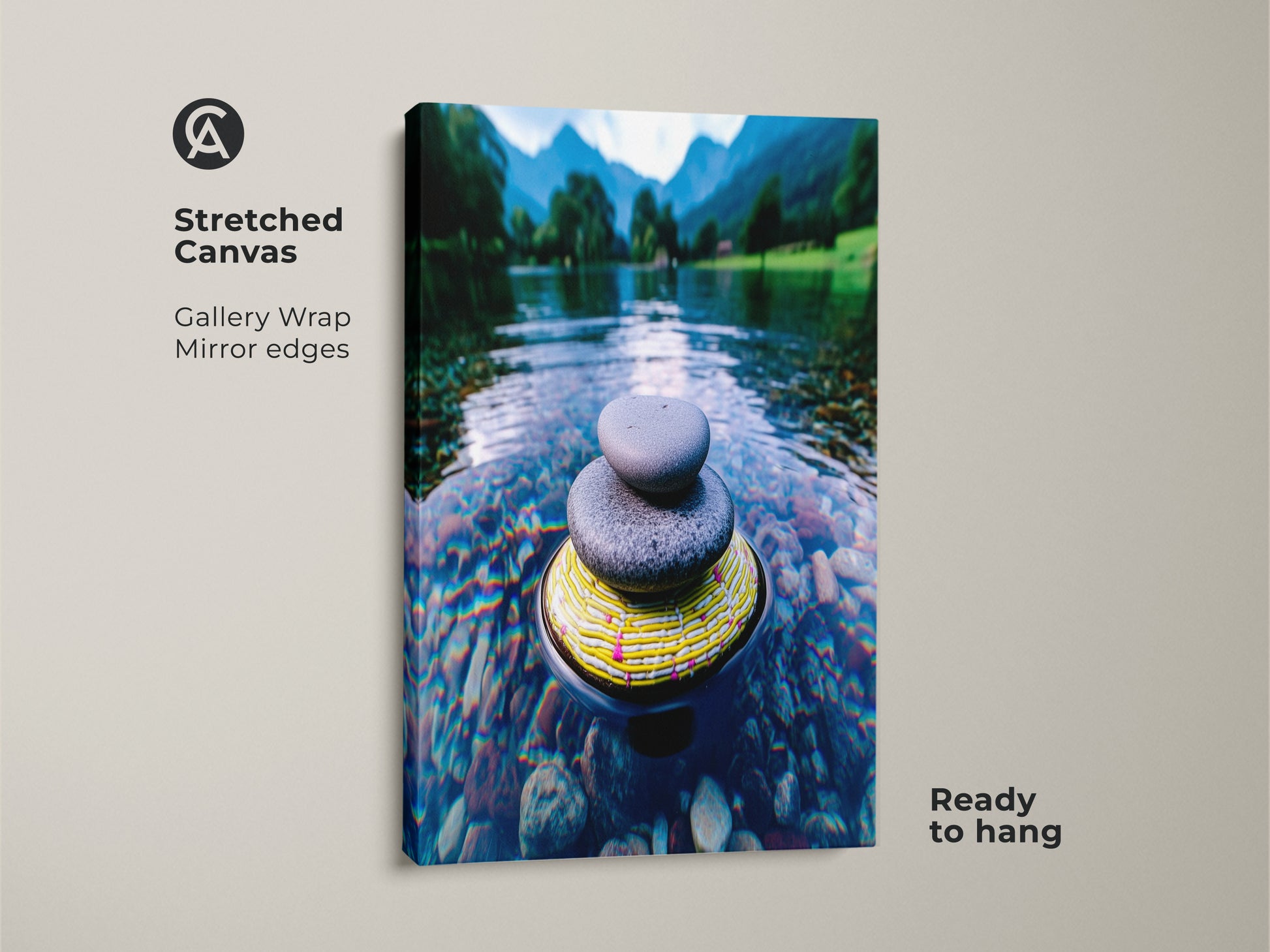This stretched canvas showcases a Zen stone cairn. The river landscape wall art has gallery wrap mirror edges and is ready to hang. It is a minimalist nature canvas and a meditation and mindfulness gift. This blue green mountain art print enhances any space.