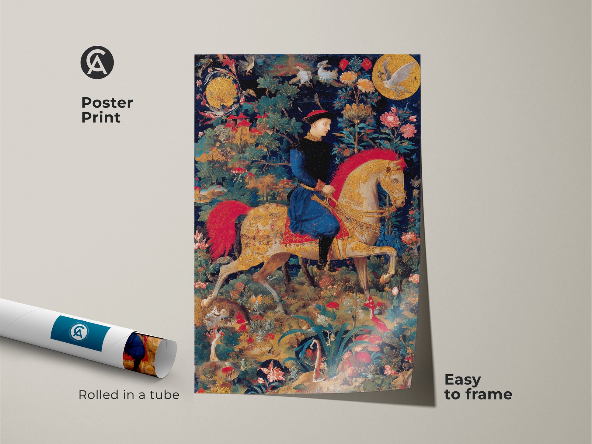 This poster print showcases a medieval knight on horseback. The emerald green and gold tapestry art is easy to frame. It is delivered rolled in a tube. The historical fantasy canvas adds classic style to your home. Perfect for history buffs seeking eclectic decor.