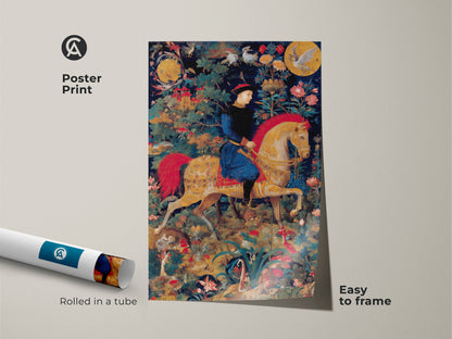 This poster print showcases a medieval knight on horseback. The emerald green and gold tapestry art is easy to frame. It is delivered rolled in a tube. The historical fantasy canvas adds classic style to your home. Perfect for history buffs seeking eclectic decor.