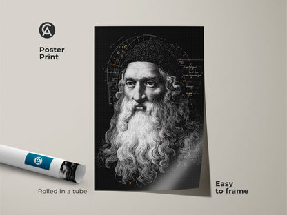 Leonardo da Vinci poster print rolled in a tube. This vintage scientific diagram artwork is easy to frame. The Renaissance portrait is perfect for study room decor. The black and white Da Vinci art makes an intellectual gift. Add traditional academic art to your space.