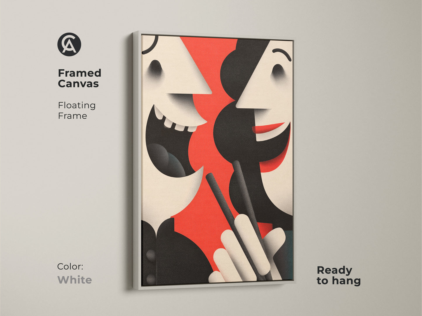 Modern abstract face canvas print in a white floating frame. The contemporary artwork is ready to hang. It features a striking red black and beige color palette for a minimalist decor.