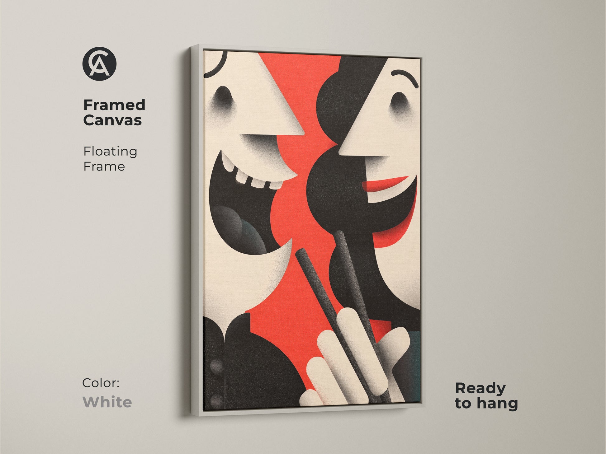 Modern abstract face canvas print in a white floating frame. The contemporary artwork is ready to hang. It features a striking red black and beige color palette for a minimalist decor.