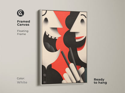 Modern abstract face canvas print in a white floating frame. The contemporary artwork is ready to hang. It features a striking red black and beige color palette for a minimalist decor.