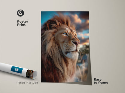 Photorealistic lion artwork poster print rolled in a tube. This golden brown wildlife print is perfect for framing. Add an eclectic touch to your bedroom with this savanna animal artwork. It's easy to frame and becomes a captivating lion face wall hanging. Nature-inspired decor.