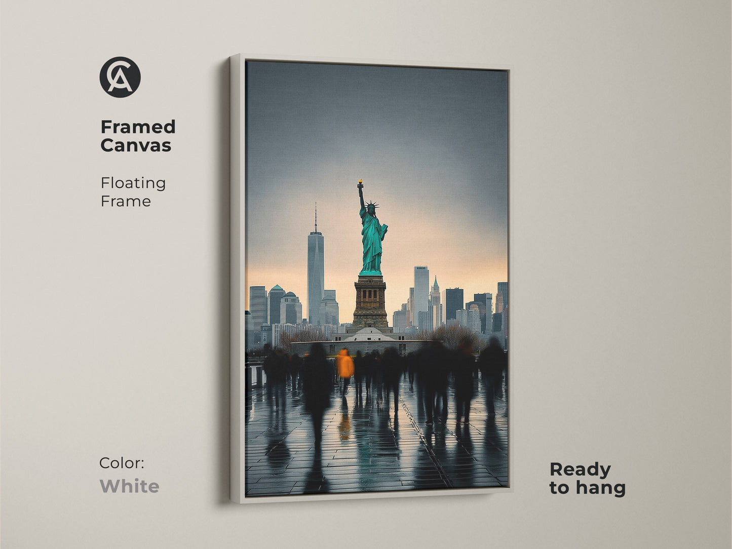 Framed canvas of the NYC skyline and Statue of Liberty in a white floating frame. This contemporary artwork is ready to hang for easy display. This teal and gray art print is perfect for modern apartment art. It is great wall art for a modern home.