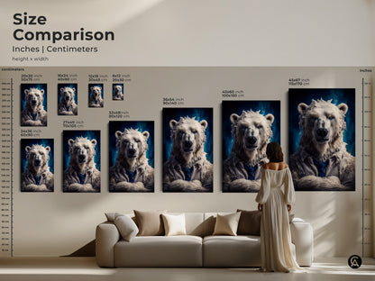 Size comparison of the surreal polar bear artwork. A woman stands next to various sizes. Find the perfect size for this wildlife portrait canvas. This would be excellent office wall decor. Buy cool animal artwork now.
